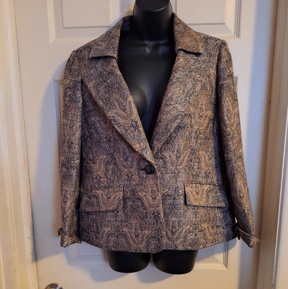 Kasper Paisley Blazer Brown & Black w/ Gold Metallic Threads
